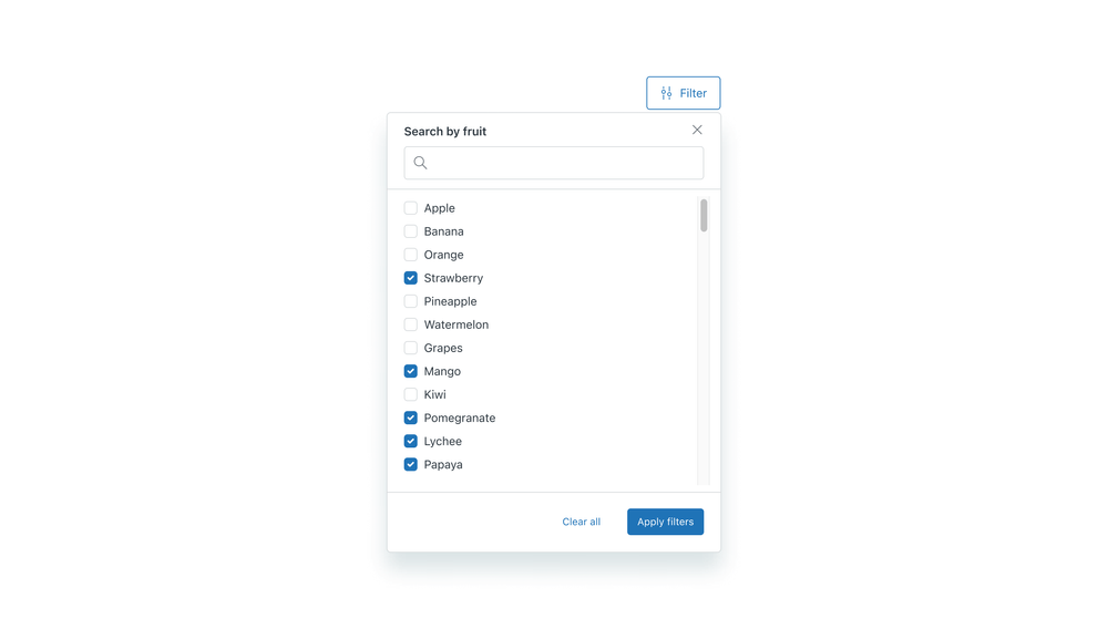 Filter pattern advanced tooltip dialog